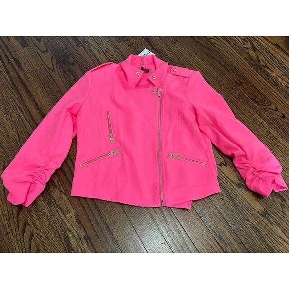 Generation Love Colleen Crepe Moto Jacket Ruched Sleeves Zip Up Ultra Pink S NEW - Picture 4 of 10